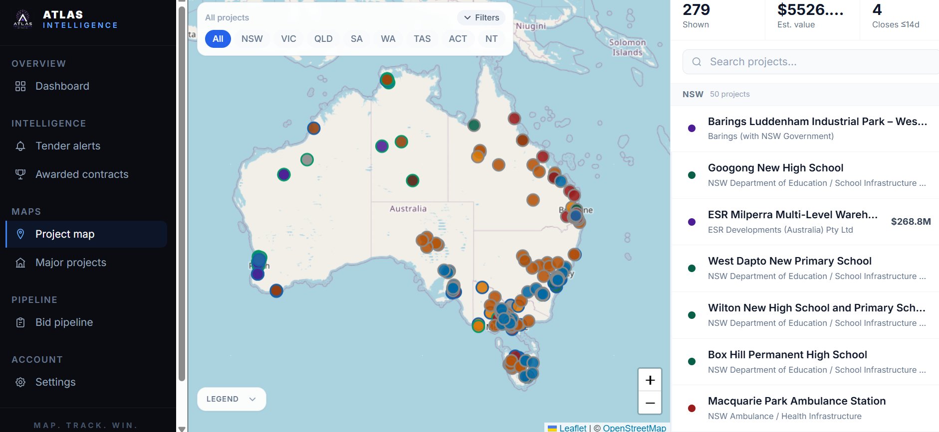 Atlas Intelligence project map dashboard